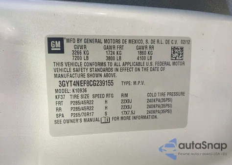 2012 Cadillac Escalade Ext Premium from USA, damaged, VIN 3GYT4NEF8CG239155